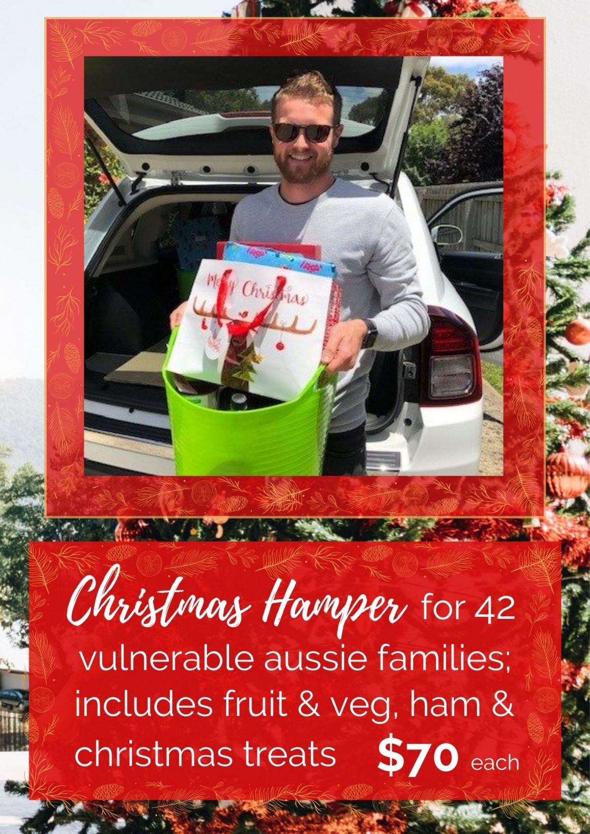 Christmas Hamper for 42 vulnerable aussie families; includes fruit and veg, ham and christmas treats. $70 each