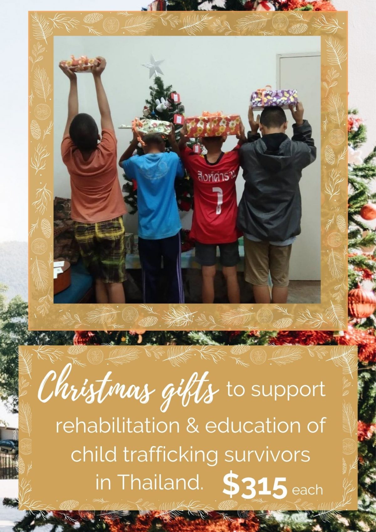 Christmas gifts to support rehabilitation and education of child trafficking survivors in Thailand. $315 each